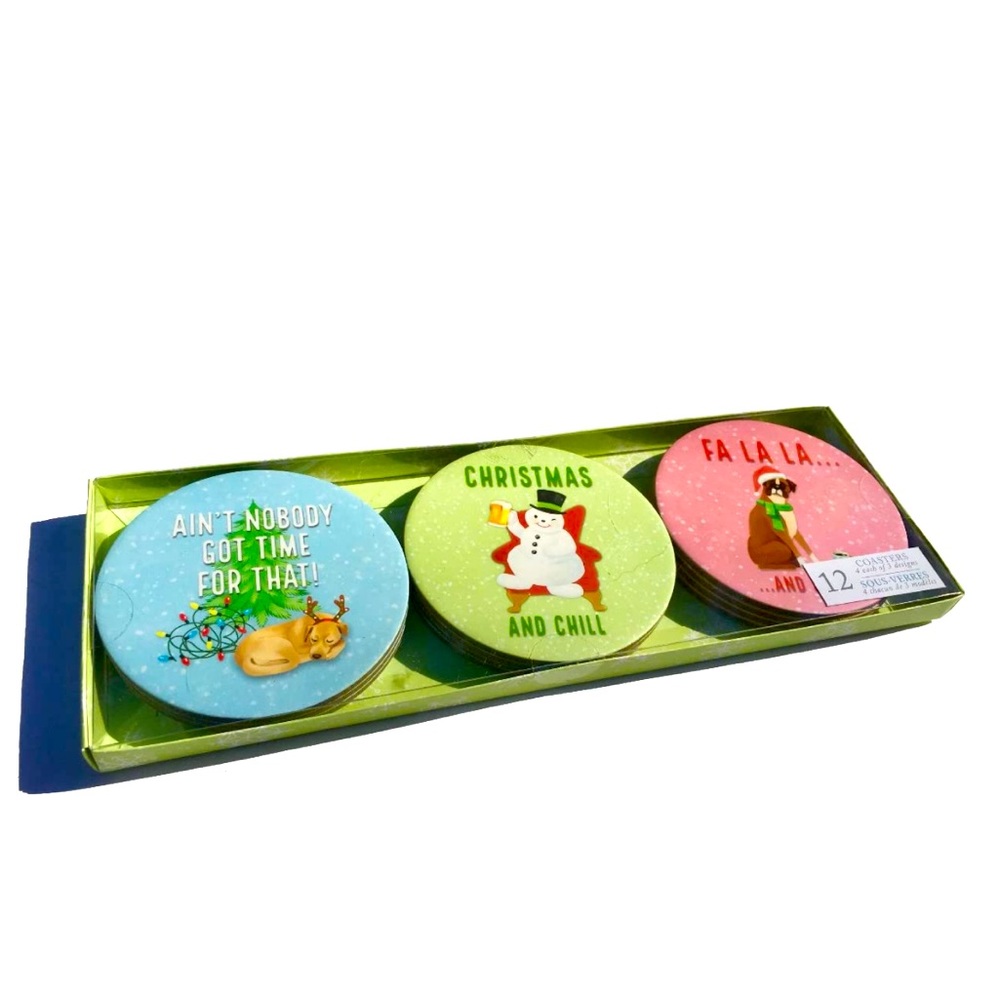 Molly & Rex Boxed Set of 12 Paper Coasters, Funny Snowman Dogs (10383)